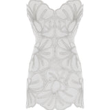 Crystal Chain And Flower Embroidered Lace Mini Dress With Chiffon Pleated Crystal Chain Without Cape