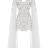 Crystal Chain And Flower Embroidered Lace Mini Dress With Chiffon Pleated Crystal Chain With Cape