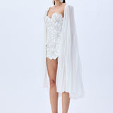 Crystal Chain And Flower Embroidered Lace Mini Dress With Chiffon Pleated Crystal Chain With Cape