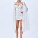 Crystal Chain And Flower Embroidered Lace Mini Dress With Chiffon Pleated Crystal Chain With Cape