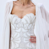 Crystal Chain And Flower Embroidered Lace Mini Dress With Chiffon Pleated Crystal Chain With Cape
