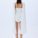 Crystal Chain And Flower Embroidered Lace Mini Dress With Chiffon Pleated Crystal Chain With Cape