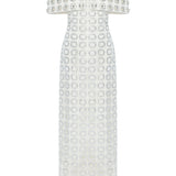 White Circular Brode Big Crystal Stoned Gown With Structural Off Shoulder Bustline