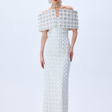 White Circular Brode Big Crystal Stoned Gown With Structural Off Shoulder Bustline