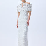 White Circular Brode Big Crystal Stoned Gown With Structural Off Shoulder Bustline