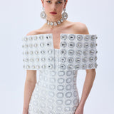 White Circular Brode Big Crystal Stoned Gown With Structural Off Shoulder Bustline