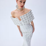 White Circular Brode Big Crystal Stoned Gown With Structural Off Shoulder Bustline