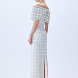 White Circular Brode Big Crystal Stoned Gown With Structural Off Shoulder Bustline