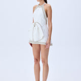 White Floral Jacquard Halter Mini Dress With Crystal Borders, Bow And Cross Back