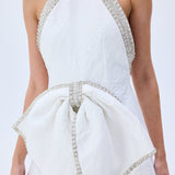 White Floral Jacquard Halter Mini Dress With Crystal Borders, Bow And Cross Back