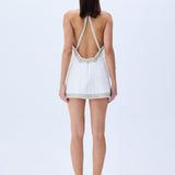 White Floral Jacquard Halter Mini Dress With Crystal Borders, Bow And Cross Back