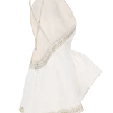White Floral Jacquard Halter Mini Dress With Crystal Borders, Bow And Cross Back