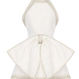 White Floral Jacquard Halter Mini Dress With Crystal Borders, Bow And Cross Back