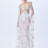 Crystal Emboridered Tulle Cut Out Gown With Crystal Stoned Borders And Tulle Cape With Crystals
