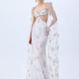 Crystal Emboridered Tulle Cut Out Gown With Crystal Stoned Borders And Tulle Cape With Crystals