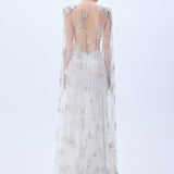Crystal Emboridered Tulle Cut Out Gown With Crystal Stoned Borders And Tulle Cape With Crystals