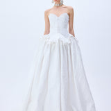White Floral Jacquard Ball Gown With Flower Embroidery Bustline