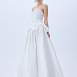 White Floral Jacquard Ball Gown With Flower Embroidery Bustline
