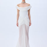 Silk Tulle Cowl Neckline Structural Dress With Draped Hips