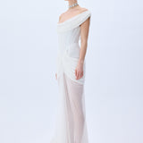 Silk Tulle Cowl Neckline Structural Dress With Draped Hips