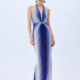 White And Blue Gradient Tulle V-Neck Midi Dress With Stick Stones And Slit