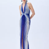 White And Blue Gradient Tulle V-Neck Midi Dress With Stick Stones And Slit