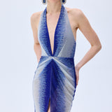White And Blue Gradient Tulle V-Neck Midi Dress With Stick Stones And Slit