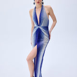 White And Blue Gradient Tulle V-Neck Midi Dress With Stick Stones And Slit