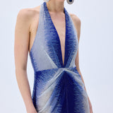 White And Blue Gradient Tulle V-Neck Midi Dress With Stick Stones And Slit