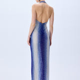 White And Blue Gradient Tulle V-Neck Midi Dress With Stick Stones And Slit