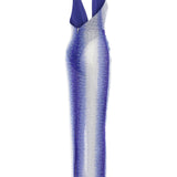White And Blue Gradient Tulle V-Neck Midi Dress With Stick Stones And Slit