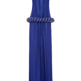 Navy Halter Neck Chiffon Dress With Saxe Stick Stones And Crystal Rope Belt Detail