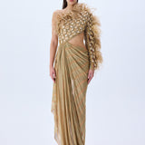 Brode Lace One Shouldered Gown With Big Crystals, Feathers And A Chiffon Skirt With Stick Stones