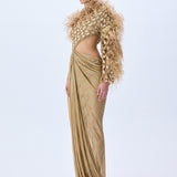 Brode Lace One Shouldered Gown With Big Crystals, Feathers And A Chiffon Skirt With Stick Stones