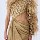 Brode Lace One Shouldered Gown With Big Crystals, Feathers And A Chiffon Skirt With Stick Stones