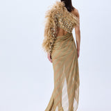 Brode Lace One Shouldered Gown With Big Crystals, Feathers And A Chiffon Skirt With Stick Stones