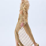Brode Lace One Shouldered Gown With Big Crystals, Feathers And A Chiffon Skirt With Stick Stones