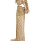 Brode Lace One Shouldered Gown With Big Crystals, Feathers And A Chiffon Skirt With Stick Stones