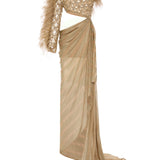 Brode Lace One Shouldered Gown With Big Crystals, Feathers And A Chiffon Skirt With Stick Stones
