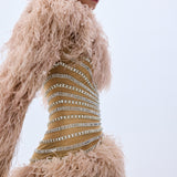 Baguette Crystal Striped Tulle One Shouldered Mini Dress With Feathers