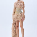 Baguette Crystal Striped Tulle One Shouldered Mini Dress With Feathers