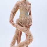Baguette Crystal Striped Tulle One Shouldered Mini Dress With Feathers