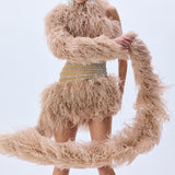 Baguette Crystal Striped Tulle One Shouldered Mini Dress With Feathers