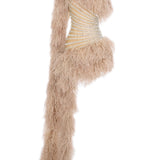 Baguette Crystal Striped Tulle One Shouldered Mini Dress With Feathers