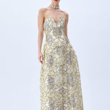Crystal Chain And Sequin Embroidered, Fuzzy Velvet Flower Patterned Midi Gown