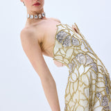 Crystal Chain And Sequin Embroidered, Fuzzy Velvet Flower Patterned Midi Gown