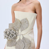 Ivory Shantung Mini Dress With 3D Crystal Bouquet