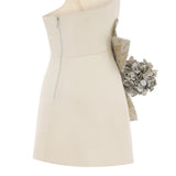 Ivory Shantung Mini Dress With 3D Crystal Bouquet