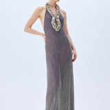Sequined Net Anthracite Metallic Dress With Metallic Feather Necklace And Crystal Stripes