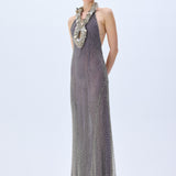 Sequined Net Anthracite Metallic Dress With Metallic Feather Necklace And Crystal Stripes